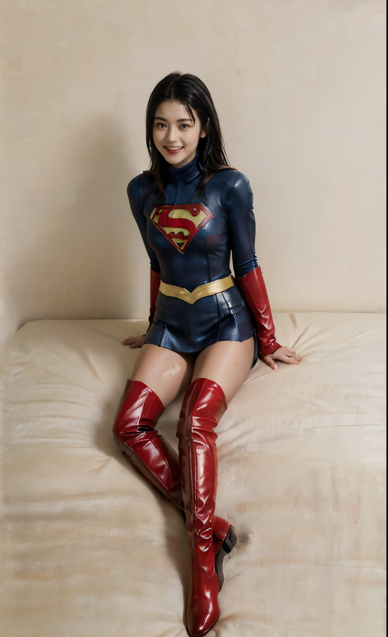 Feeling ecstasy、Pleasant look、No background、Suffering、Hung、Are sleeping、lying back on、(((Wear black tights on your beautiful legs.)))、(((Grow legs、tall、Legally express the beauty of your smile)))、((((Make the most of the original image)))、(((Supergirl Costume)))、(((beautiful hairl)))、(((Suffering)))、(((Feet must necessarily be worn with black tights)))、(((You need to wear red boots)))、((Top image quality、8K))、((top-quality、8K、​masterpiece:1.3))、(((Keep Background )))、Crisp focus:1.2、Beautiful woman with perfect body shape:1.4、Slender Abs:1.2、a wet body:1.5、Highly detailed facial and skin texture、8K