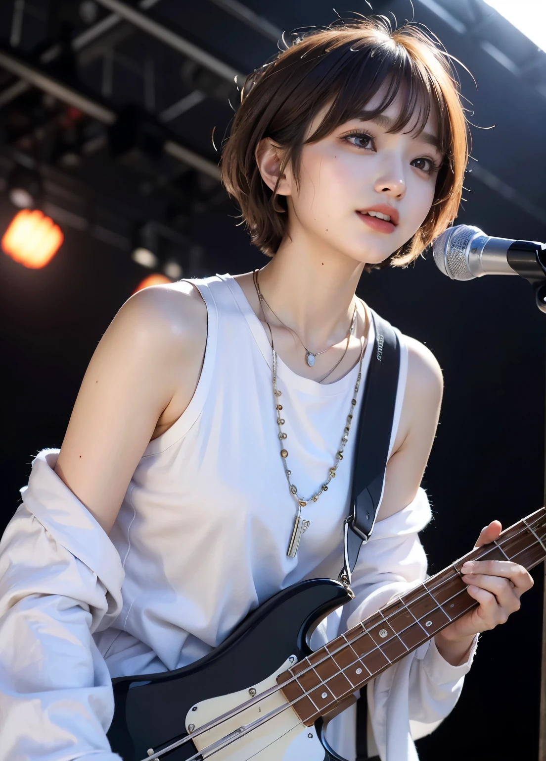 ((top-quality))、(masterpiece:1.4)、Raw photography、8K、((Top image quality))、 ((hight resolution))、Beautiful face in every detail、realisiticな人の肌、Gentle expression、(One lady:1.3 )、realisitic、(rather short hair:1.4)、(Beautuful Women)、(cute Japanese girls:1.3)、(boyish:1.3)、((mannish))、((Pretty Woman))、(Beautiful hair)、((dark brown hair))、With bangs、(((Red cheeks)))、(Her eyes are big:1.3)、20-year-old beauty、(her face is small:1.3 )、small head、(long neck:1.3)、a necklace、((music festival))、((On stage))、(play bass guitar:1.3)、((Happy look))、singers、Everyone admires her、rock band、(young woman admires her)、(popular person)、(Dynamism:1.3)、Band Group Vocals、