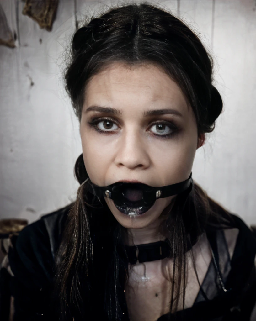 Ring gag in mouth, mouth wide open , Wednesday adams, jenna Ortega,creepy wednesday addams,illustartion,gotik,spooky,black and white,vintage,Dark atmosphere,A detailed eye,detailed lips,pale skin,expressive eyebrows,haunting,An old mansion,creepy dolls,cracked porcelain,Victorian Fashion,loose braids,A sinister backstory,stormy weather,candlelight,Dark corners,haunted staircase,macabre,Retro,moody lighting,Thunder and lightning,web,attic,antique furnitures,intricate lace,soft focus,vintage portrait,captivating gaze,thin smile,Premonition of Presence,creepy innocence,hint of darkness,Sepia tones,gloomy atmosphere