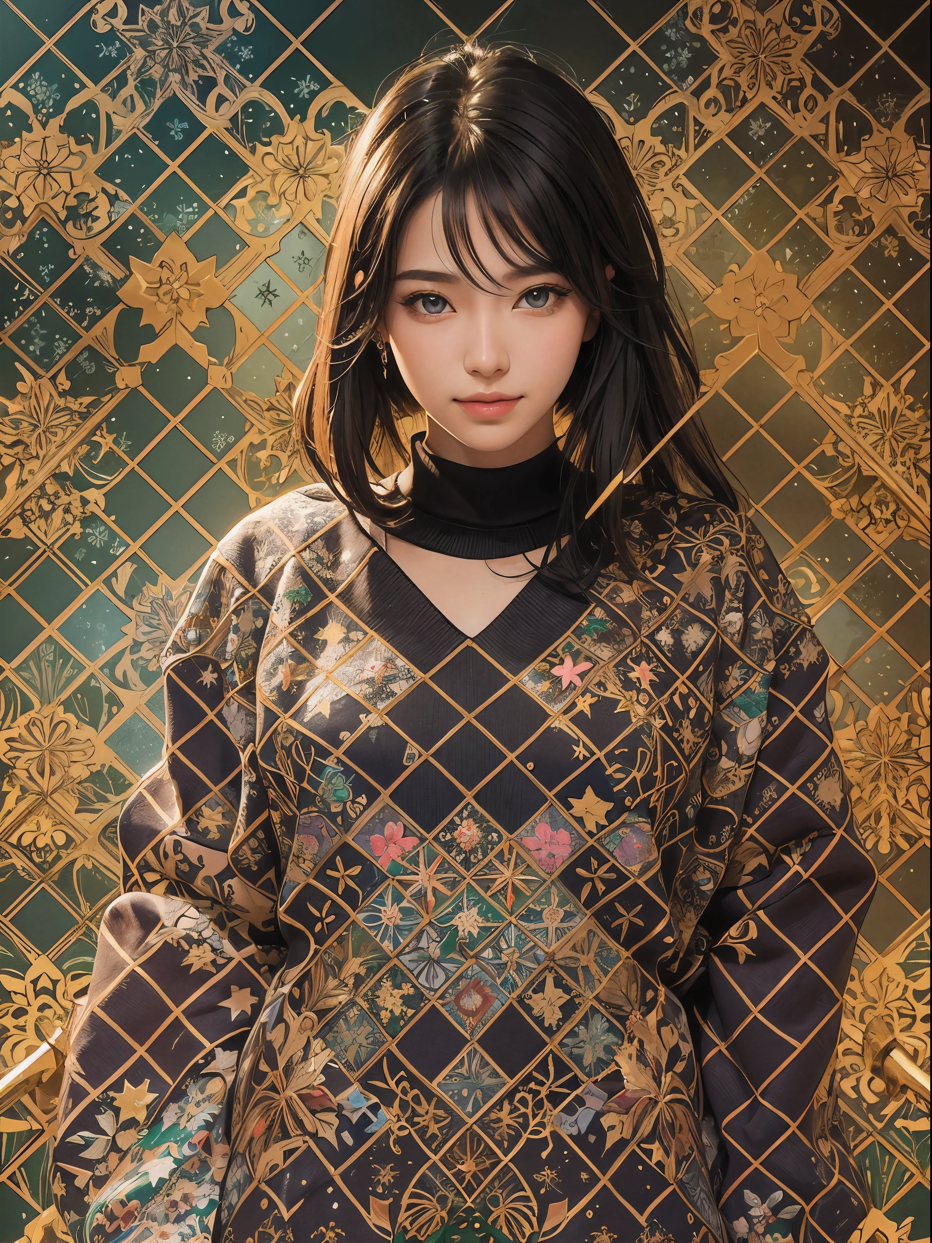 (Realistic:1.8), (Digital art:0.2), (Geometrical art, official art, beautiful and aesthetic, ultra detailed, beautiful, masterpiece, best quality:1.6), (1girl:1.2), Detailed face, Detailed eyes, Detailed hair, young fingers, Detailed fingers, five fingers, sitting,
_
BREAK cute ig model, Japanese cute model, 22 years old, Tightened all body, small head, small face, small mouth, diamond Face, small nose, Sharp Faceline, (dropy eyes, Double eyelid, Light color eyes, Glossy eyes, Shiny eyes:1.2), Shiny skin, shiny hair, BLACK hair,
_
BREAK (happy, smile, Teeth, Glossy Lipeautiful Teeth, (upper body:1.5), from front,
_
BREAK (oversize, christmas paint sweatshirt:1.2), body paint,