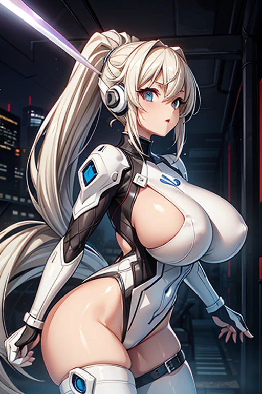 4K,hight resolution,One Woman,White blonde hair,poneyTail,head phone,Colossal tits,ninjartist,White Cybersuit,Knives,underground city