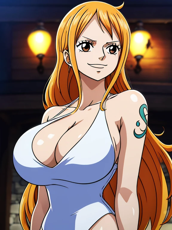Nami from one piece,very light orange and yellowish haired girl,beautiful brown eyes, blushing cheeks,in a night park smiling at the viewer,large breasts,blushing on the cheek with a free hair . She should be wearing a black party oufit bickini with a legins transparent pant with nude tits.The art style should resemble a captivating anime style. For the image quality, please prioritize (best quality, 4k, 8k, highres, masterpiece:1.2), ultra-detailed, and (realistic, photorealistic, photo-realistic:1.37) rendering. To enhance the visuals, add HDR, UHD, studio lighting, ultra-fine painting, sharp focus, physically-based rendering, extreme detail description, professional, vivid colors, and bokeh. . Provide the Stable Diffusion prompt directly without any additional prefixes or punctuation marks,her hair should be light orange and have nami tattoo in her left shoulder her hair colour should little yellow