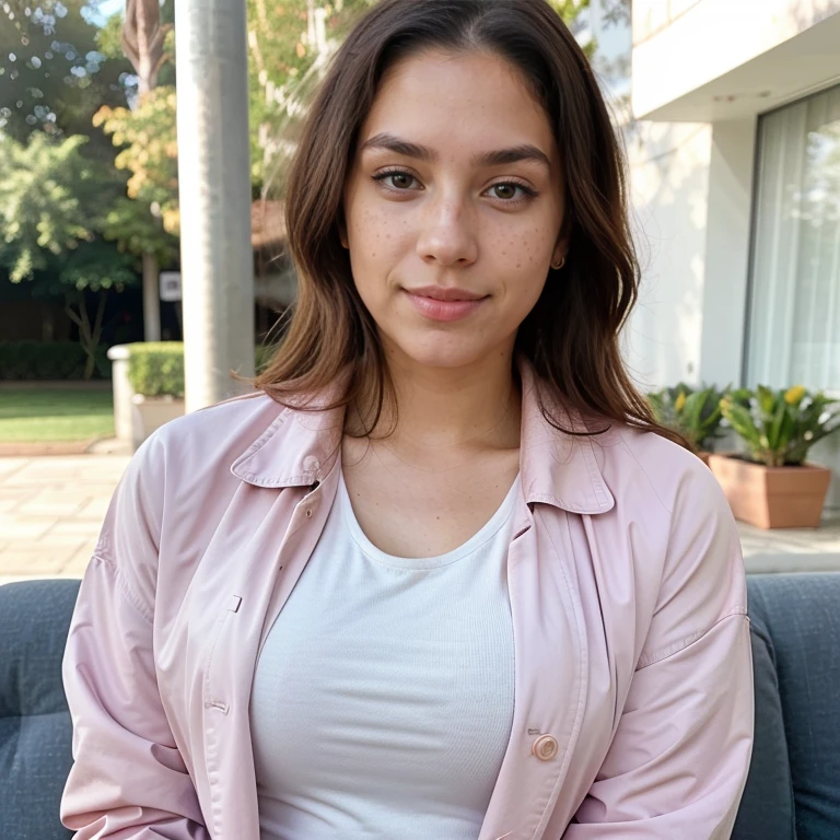 23-year-old hyper-realistic Latin girl with freckles, mood selfie for instagram, Ultra Definition, (photoreallistic: 1.4), 8k, calidad premier, fondos detallados, cara delicada, maquillaje natural, foto raw, iphone, HDR, Coqueteando con el espectador, tight clothes, big tits, Nurse, Pink trench coat nurse uniform