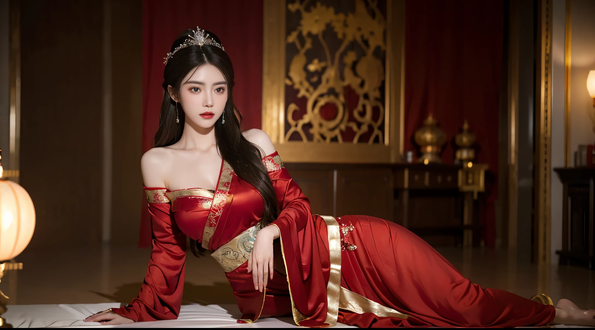 extremely detailed CG unity 8k, Highly detailed, photorealistic, high resolution, 1 girl, solo, hips up, beautiful eyes, long hair, deep-off-shoulder warm red wedding hanfu with crown and crystal ornaments, Chinese Huadian, gorgeous accessories, wearing pearl earring, NSFW, showing breasts, sexy, transparent clothes
