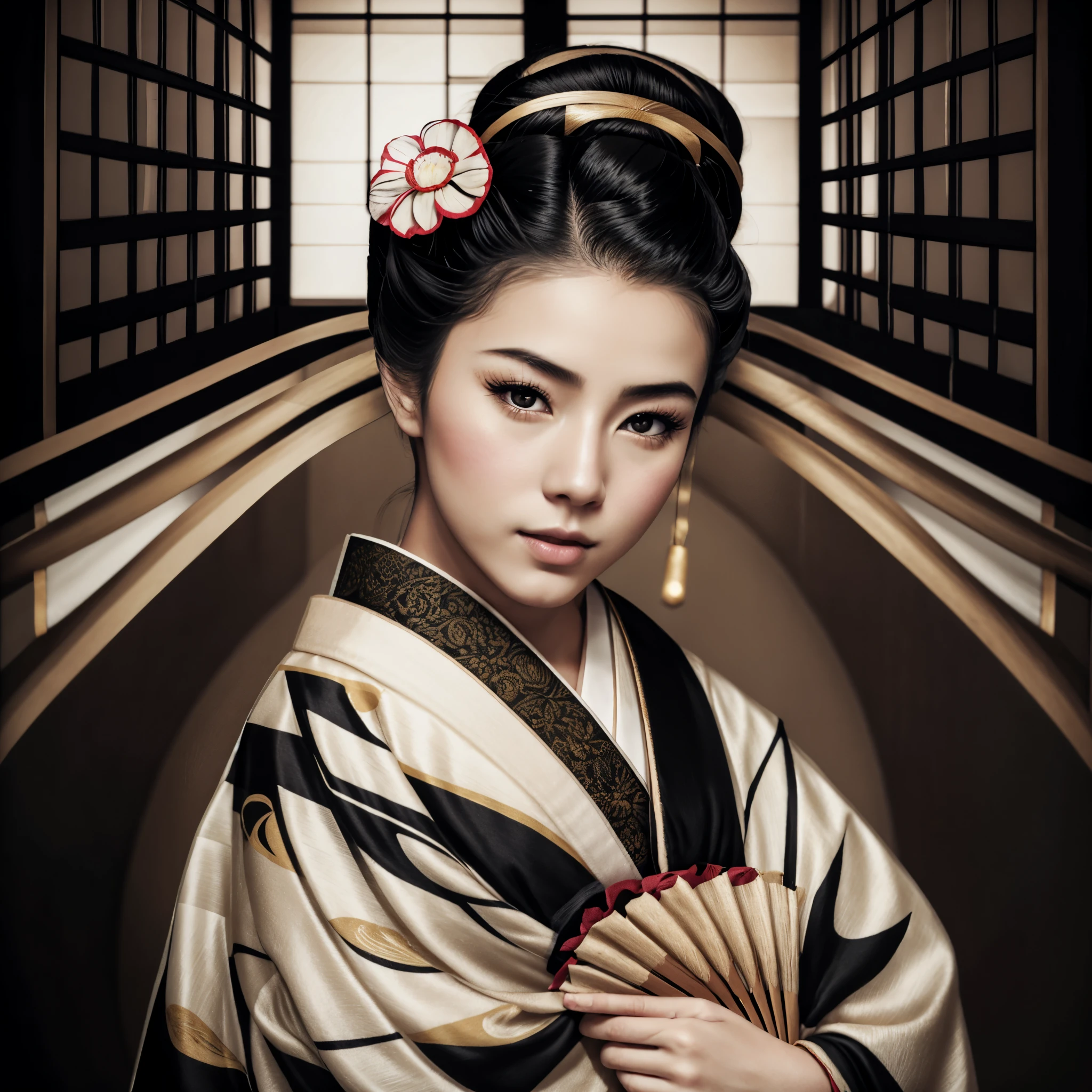 uma linda jovem gueixa, com cabelo preto usando coque, with a flower on the head, with beautiful lips, com olhos bonitos, pale silky skin (maquiado), vestindo um requintado quimono tradicional, segurando um ventilador, posando em um tatame em uma sala vazia , beautiful hyper-realistic fan geisha, uma gueixa sensual tradicional fotorrealista, uma gueixa muito estilosa com detalhes intrincados.