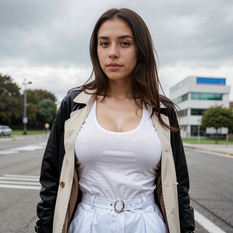 23-year-old hyper-realistic Latin girl with freckles, mood selfie for instagram, Ultra Definition, (photoreallistic: 1.4), 8k, calidad premier, fondos detallados, cara delicada, maquillaje natural, foto raw, iphone, HDR, Coqueteando con el espectador, tight clothes, big tits, Nurse, black trench coat nurse uniform