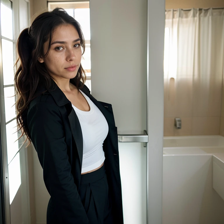 23-year-old hyper-realistic Latin girl with freckles, mood selfie for instagram, Ultra Definition, (photoreallistic: 1.4), 8k, calidad premier, fondos detallados, cara delicada, maquillaje natural, foto raw, iphone, HDR, Coqueteando con el espectador, tight clothes, big tits, Nurse, black trench coat nurse uniform