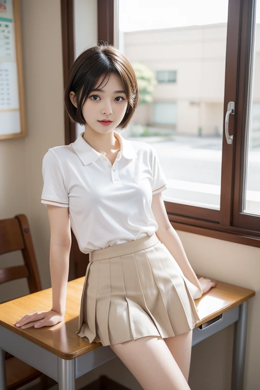 (((​masterpiece))),  (One beautiful Japan girl, Pure and innocent，kawaii) ，超A high resolution, Realistic, ultra-detailliert, 8K,top-quality, Extremely detailed, A slender,very beautiful japanese girl, Detailed face:1.3), (Boyish short-haired，A dark-haired :1.4), (a baby face，kawaii系,adorable 14 year old girls), (Perfect body:1.1), (short-sleeved shirt with white collar, light brown pleated mini skirt), Super Detailed Face、Detailed lips、A detailed eye、small gravure idol，Transparent skin，Lori，Japanese high school uniform with the school emblem on the chest，Studying in the classroom，Happy Air，Bright interior，