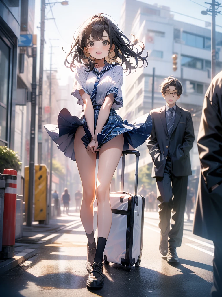 in 8K、top-quality、masterpiece、ultra-detailliert、Ultra-high resolution、((1 persons))、girl with、校服、Braided hair、makeups、plaid skirts、heavy wind、((((Flip the skirt))))、Street