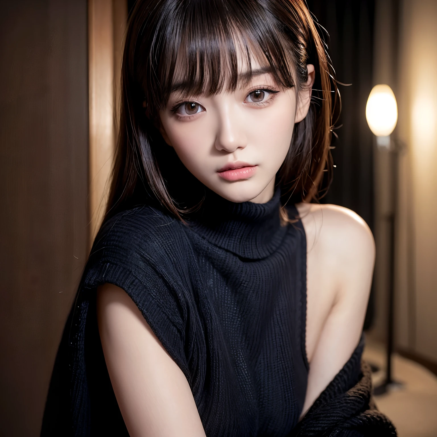 nsfw, masterpiece、1 beautiful girl、A detailed eye、Puffy eyes、top-quality, 超A high resolution, (Realisticity: 1.4), cinematlic lighting、Asian Beauty、Korea person、Super beauty、Beautiful skin、A slender、The body is facing forward、(A hyper-realistic)、(hight resolution)、(8K)、(ighly detailed)、(beautifully detailed eyes)、(ultra-detailliert)、 (wall-)、A detailed face、Bright lighting、profetional lighting、looking at viewert、Facing straight ahead、Black knitwear、oblique bangs、nighttime scene、Brown hair、age19、tall,