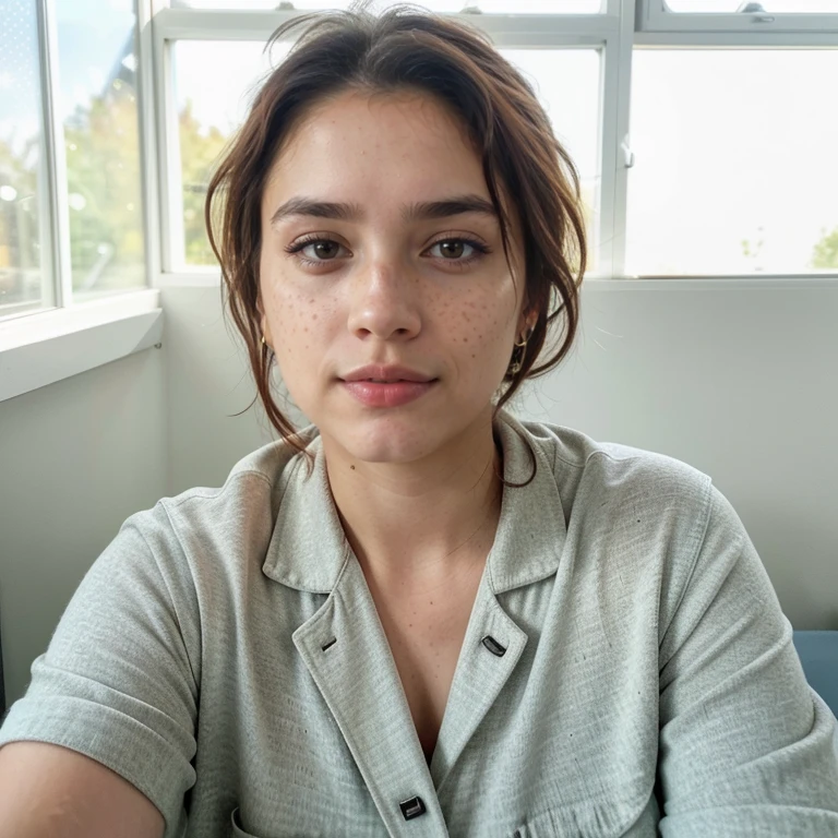 23-year-old hyper-realistic Latin girl with freckles, mood selfie for instagram, Ultra Definition, (photoreallistic: 1.4), 8k, calidad premier, fondos detallados, cara delicada, maquillaje natural, foto raw, iphone, HDR, Coqueteando con el espectador, overcoat