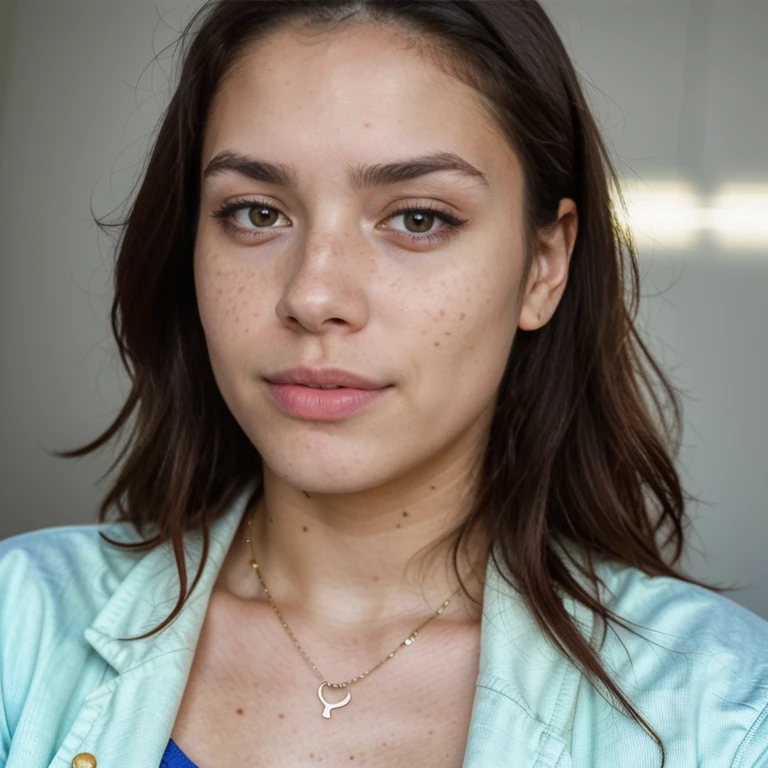 23-year-old hyper-realistic Latin girl with freckles, mood selfie for instagram, Ultra Definition, (photoreallistic: 1.4), 8k, calidad premier, fondos detallados, cara delicada, maquillaje natural, foto raw, iphone, HDR, Coqueteando con el espectador, jacket