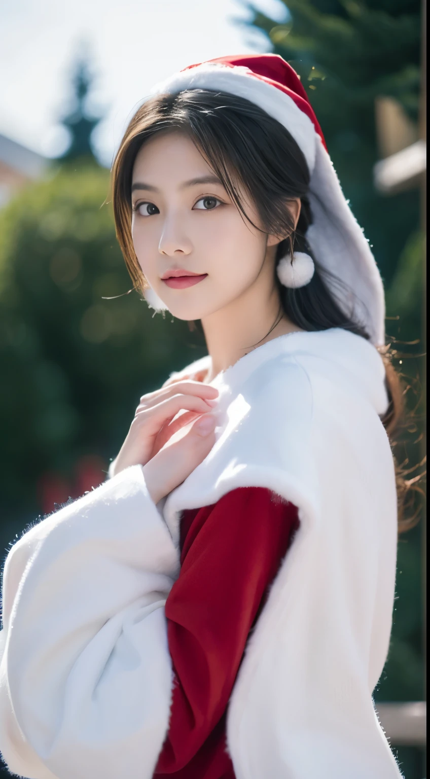 beautfull Japanease woman，((white santa claus costume：1.5))，white Christmas，(Christmas tree)，Christmas atmosphere，Black hair，Photorealsitic，surrealism, F/1.2, 35 mm, Fuji Film, 8K, Super Detail, nffsw, masutepiece, ccurate, Anatomically correct, Textured skin, Super Detail, high details, High quality, Best Quality, hight resolution
