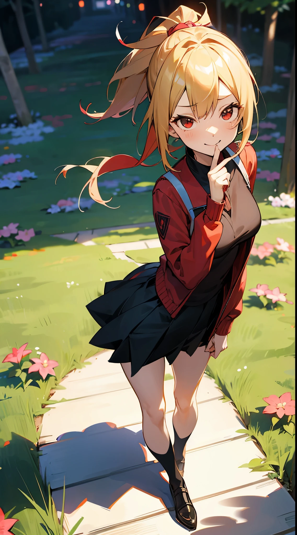 (masutepiece:1.3), (Best Quality:1.3), High resolution, Leaning forward, (Holding:1.1), body facing forward, (One Cute Girl:1.3), Solo,Blonde ponytail、Ahoge、big round red eyes、small tits, Beautiful hair, Beautiful detailed eyes, A slight smil、Laugh、Black Rider Jacket、Red Shirt、a black skirt,Outdoors, Flower Garden, Natural park,Shadow lighting,