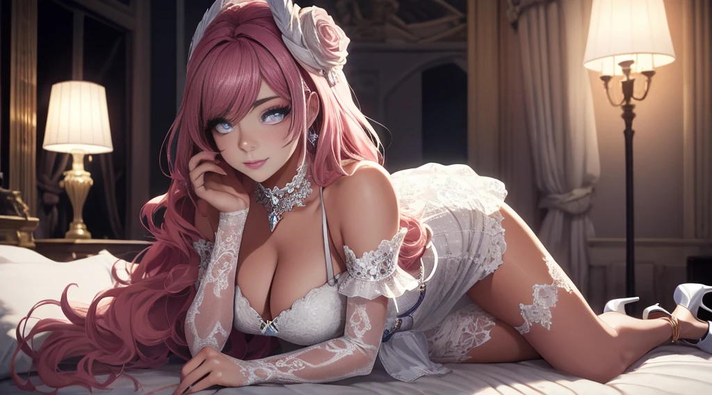 Sexy and sexy woman,20yr old,blush,Smoky makeup,Dark eyeshadow,Woman with heavy makeup and blue eyes,Qi bangs long hair,jewely,bangle,choker necklace,Jiuru,White lace luxury, Paired with a high-cut transparent evening gown,Stiletto pointed toe high heels), huge,Teasing expressions,Lift up your skirt,Lie down in bed,sexual teasing,Sexual suggestiveness,putting makeup on,A smile,'s laughter,atmosphere,A sense of luxury,european court of justice,Gothic,Barlot,rococo,lamplight,hyper HD,(8K,RAW