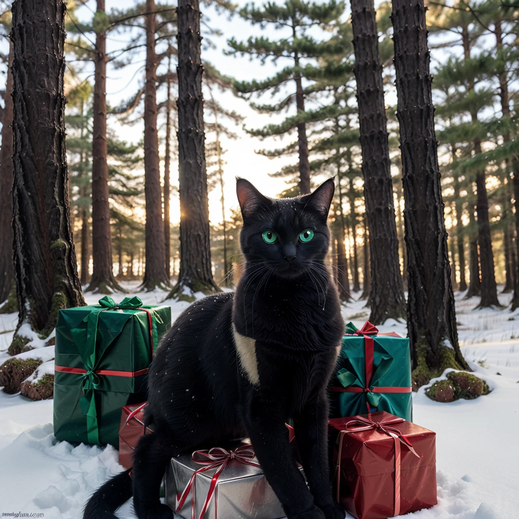 a big fully decorated Christmas tree in a snowy forest. Wrapped presents and a shaggy black cat with glowing blue eyes beneath. Masterpiece. Detailed.