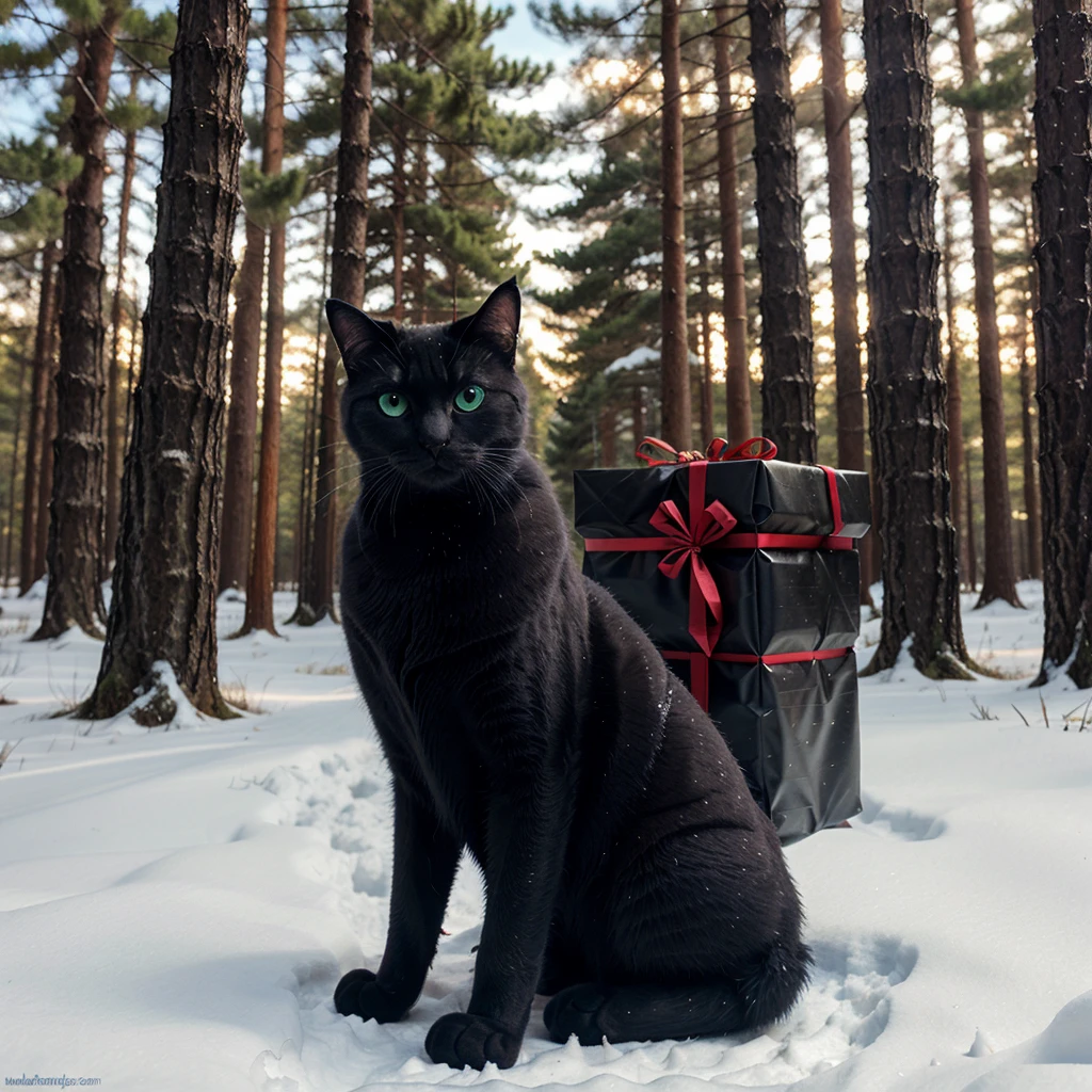 a big fully decorated Christmas tree in a snowy forest. Wrapped presents and a shaggy black cat with glowing blue eyes beneath. Masterpiece. Detailed.