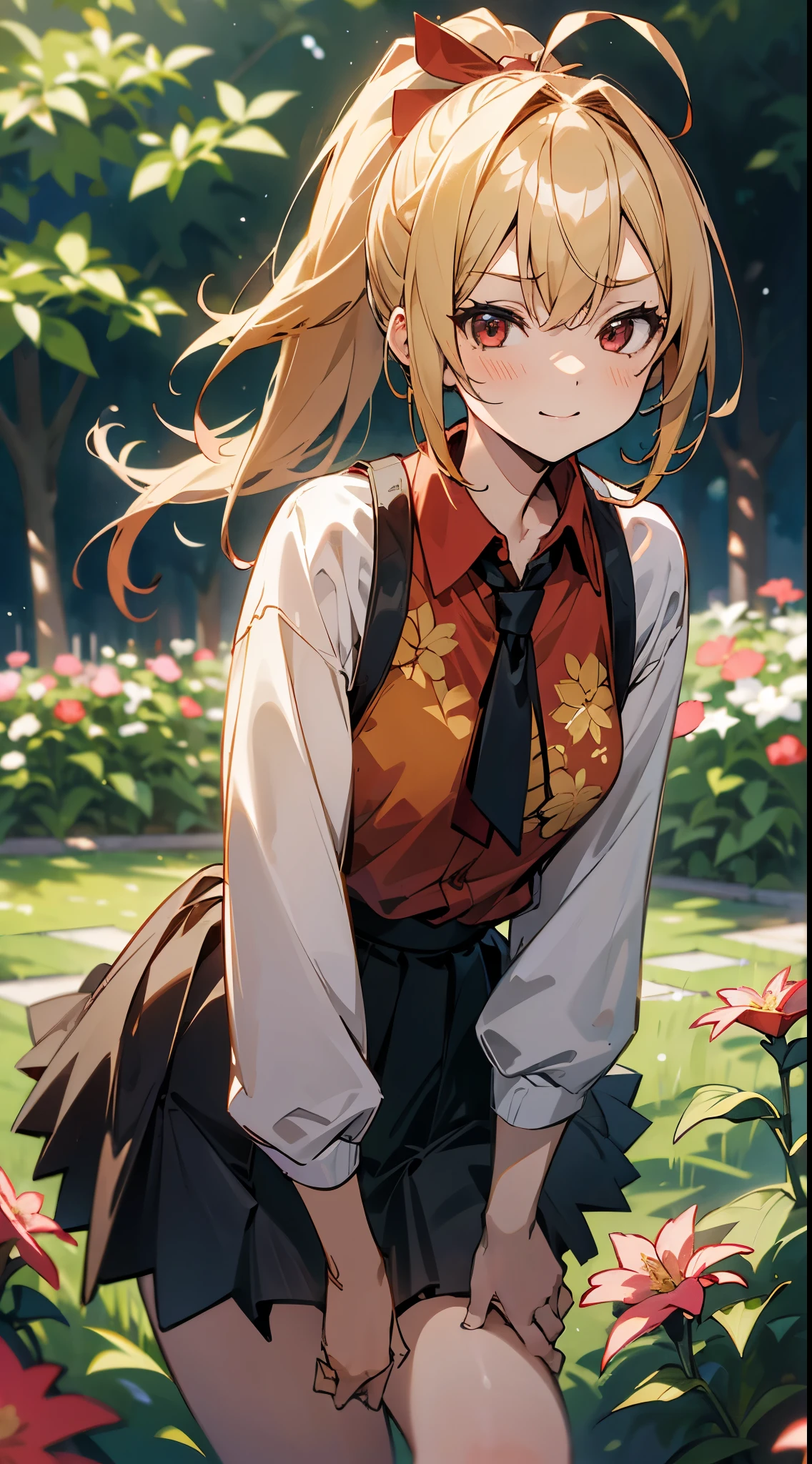(masutepiece:1.3), (Best Quality:1.3), High resolution, Leaning forward, (Holding:1.1), body facing forward, (One Cute Girl:1.3), Solo,Blonde ponytail、Ahoge、big round red eyes、small tits, Beautiful hair, Beautiful detailed eyes, A slight smil、lauruck rider jacket、Red Shirt、a black skirt,Outdoors, Flower Garden, Natural park,Shadow lighting,
