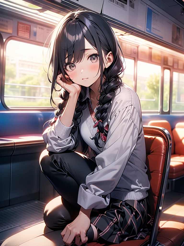 in 8K、top-quality、masterpiece、ultra-detailliert、Ultra-high resolution、((1 persons))、girl with、校服、Braided hair、makeups、Plaid mini skirt、Train、dozing