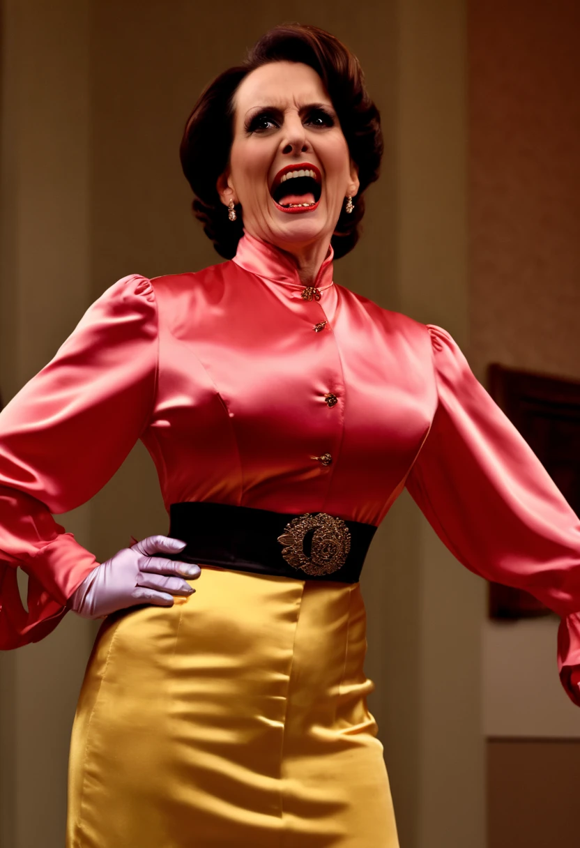 closeup shot, (angry evil dominatrix tina fey showing her clinched teeth in anger with flared nostrils and furrowed brows:1.2) in a (closed satin skintight silk buttoned mandarin collar blouse with large shoulder-pads and extremely tight corset and belt and satin cape:1.3), tight hairbun, silk gloves, large covered breasts, small waist, wide hips and torso, (insane wide eye stare:1.2), (muscular arms), subtle evil stare with flared nostrils, large shoulder-pads, extremely cinched small waist,