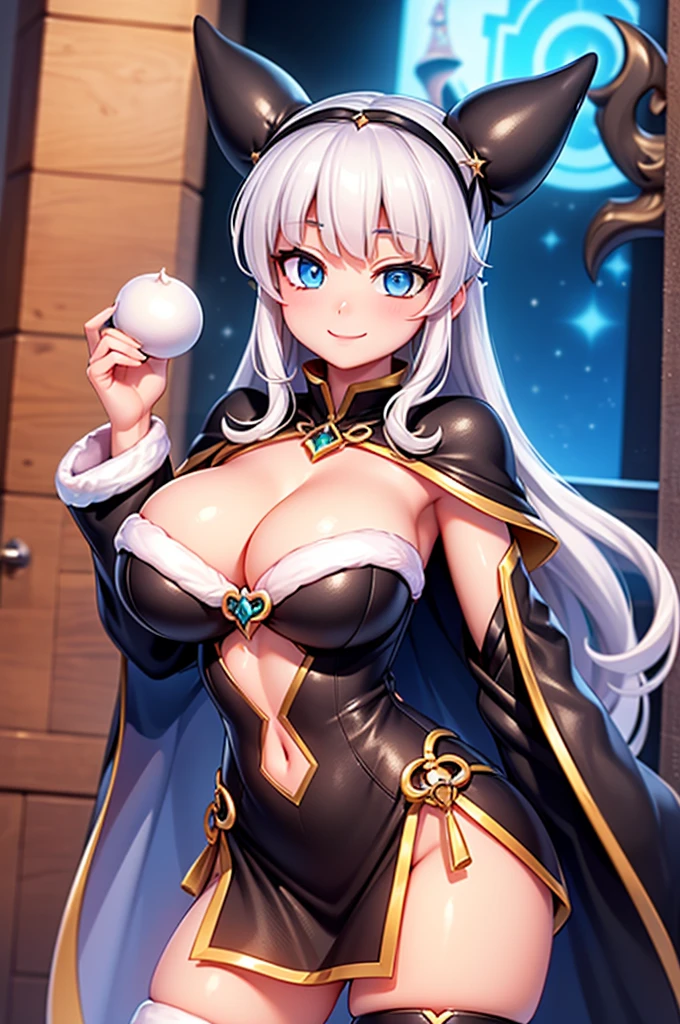 gran calidad ++ Extremely detailed high resolution, very aesthetic, ojos expresivos, (((Cara perfecta))), (((face symmetrical))), ((good anatomy)), (((manos perfectas))), (((8k))), UHD, Fondo de pantalla HD, (((alta calidra detallada, (((1girl))), (((Morgan Le Fay))), ((((smile)))), (((Milficación))), (((hembra maduchos gigantescos))), (((hombros estrechos))), (((pechos grandes))), (((cintura estrecha))), (((usando un atuendo de Santa Claus con+sosteniendo una bolsa de regalo))), Dedos detallados, Dedos precisos, Manos no antinaturales, strange eye, ojos rojos, escote, colas gemelas de pelo negro,