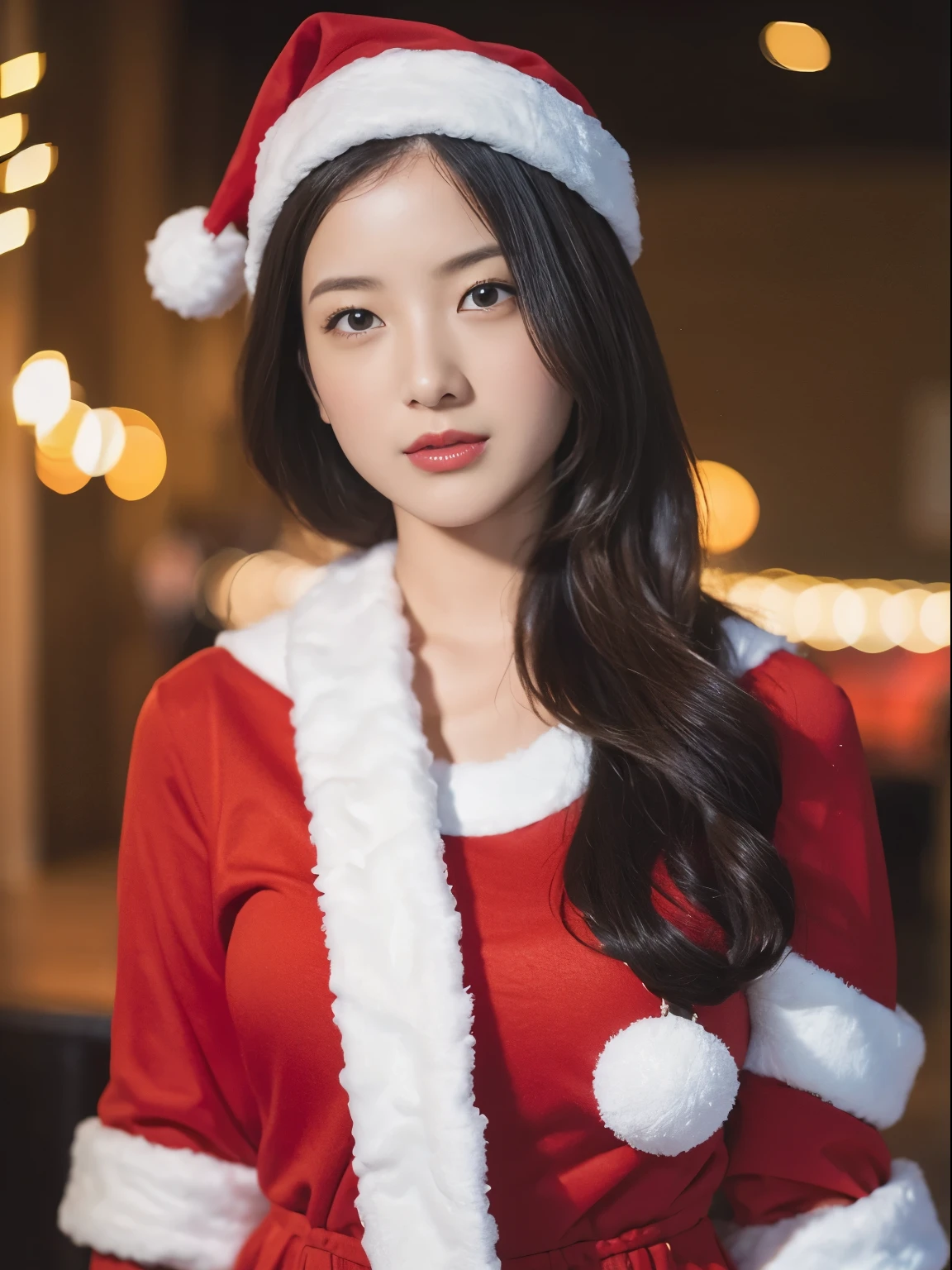 beautfull Japanease woman,(Red Santa Claus costume:1.5),(Christmas tree),Black hair,Photorealsitic,surrealism, F/1.2, 35 mm, Fuji Film, 8K, Super Detail, nffsw, masutepiece, ccurate, Anatomically correct, Textured skin, Super Detail, high details, High quality, Best Quality, hight resolution