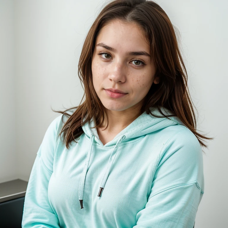 23-year-old hyper-realistic Latin girl with freckles, mood selfie for instagram, Ultra Definition, (photoreallistic: 1.4), 8k, calidad premier, fondos detallados, cara delicada, maquillaje natural, foto raw, iphone, HDR, Coqueteando con el espectador, tight clothes, big tits, hoodie