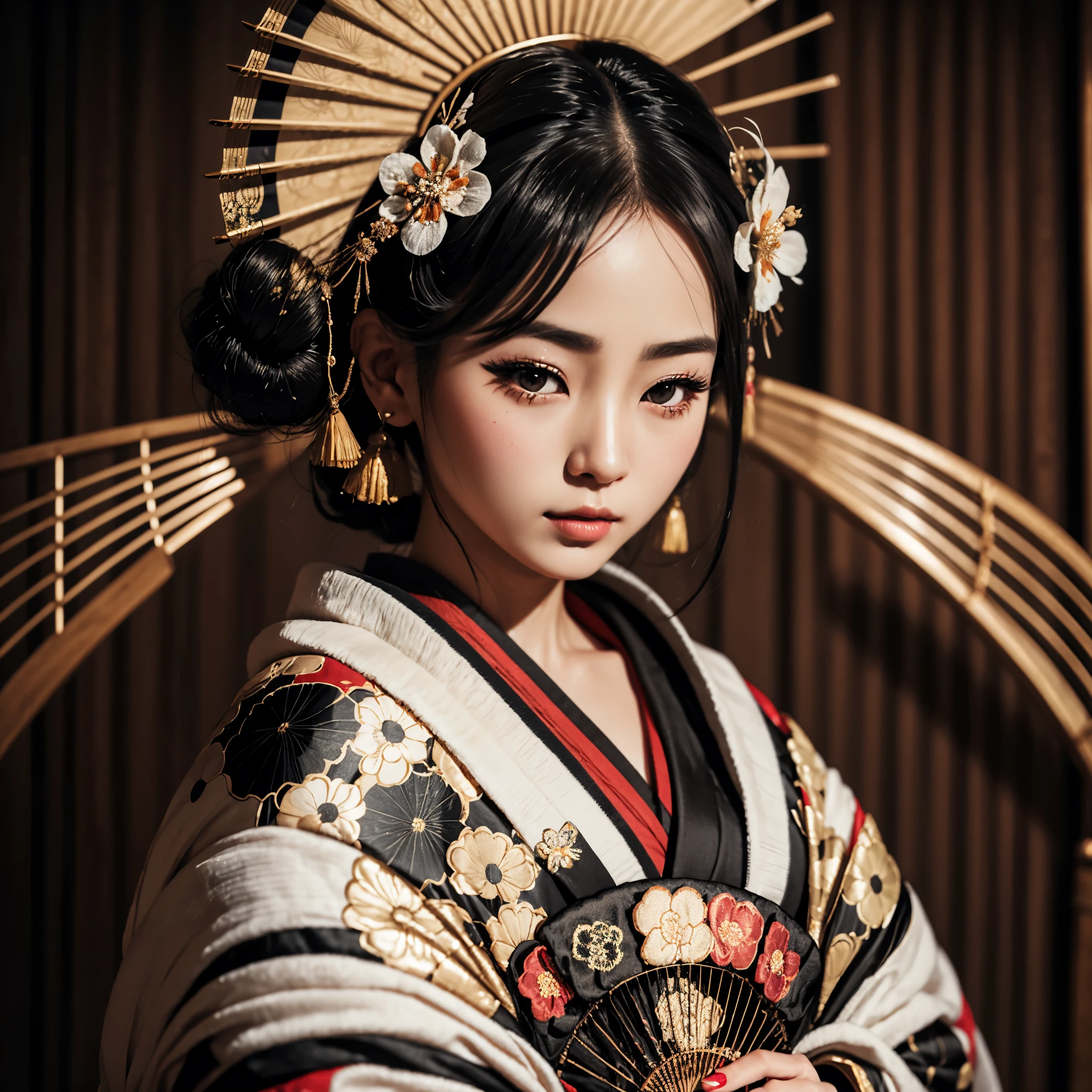 A beautiful young geisha, with black hair wearing a bun, with a flower on her head, with beautiful lips, with beautiful eyes, pale silky skin (made up), wearing an exquisite traditional kimono, holding a fan, posing on a tatami in an empty room , beautiful hyperrealistic fan geisha, a photorealistic traditional sensual geisha, a very stylish geisha with intricate details.