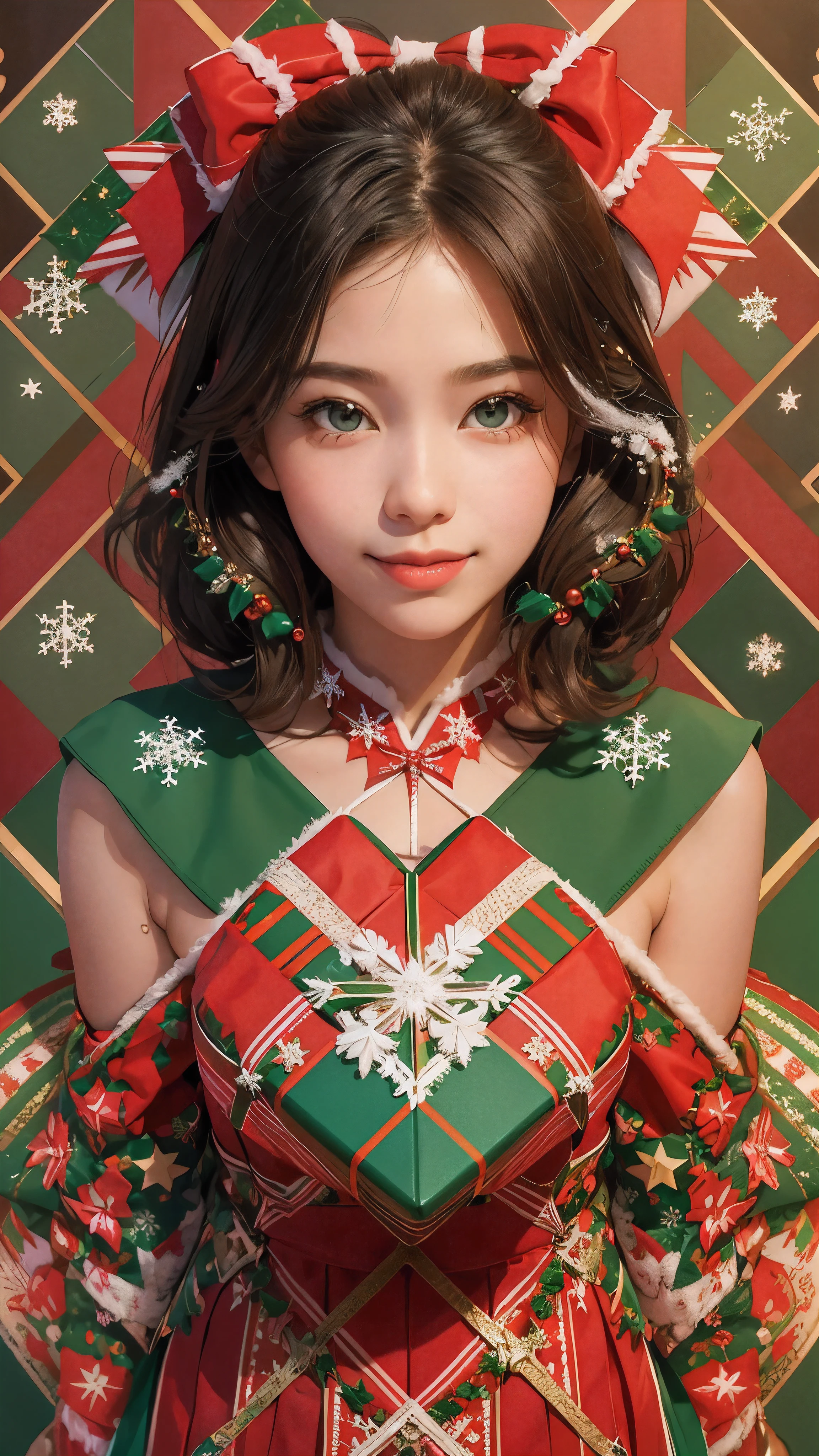 (Realistic:1.8), (Digital art:0.2), (Geometrical art, official art, beautiful and aesthetic, ultra detailed, beautiful, masterpiece, best quality:1.6), (1girl:1.2), Detailed face, Detailed eyes, Detailed hair, young fingers, Detailed fingers, five fingers, sitting,
_
BREAK cute ig model, Japanese cute model, 22 years old, Tightened all body, small head, small face, small mouth, diamond Face, small nose, Sharp Faceline, (dropy eyes, Double eyelid, Light color eyes, Glossy eyes, Shiny eyes:1.2), Shiny skin, shiny hair, BLACK hair,
_
BREAK (happy, smile, Teeth, Glossy Lipeautiful Teeth, (upper body:1.5), from front,
_
BREAK (Cute Christmas theme:1.2), (fluffy Santa hat with ribbon:1.2), (adorable red and white candy cane-striped off-shoulder top:1.2), (short length green pleated skirt with subtle snowflake patterns:1.2), (festive knee-high socks with small bows:1.2), (festive red and green ankle boots:1.2), BREAK (sparkling snowfall background:1.2), (joyful expression:1.2), (holding a cute gift box with a big bow:1.2), (gentle snow breeze:1.2),