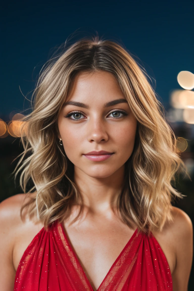 RAW uhd closeup portrait of a 24-year-old blonde, natural blonde hair, locks, wavy, (brown-eyed woman) in an apartment, new york background, night starry sky, ,breasts naturais_b, city night background, (red summer dress), (neckline), detailed (textures!, hair!, brightness, color!, imperfections:1.1), highly detailed bright eyes, (looking at the camera), specular lighting, dslr, ultra quality, sharp focus, sharp, dof, film grain, (centered), Fujifilm XT3, crystal clear, center of frame, cute face, sharp focus, light pole, neon lights, bokeh, (dimly lit), low key, at night, (night sky)