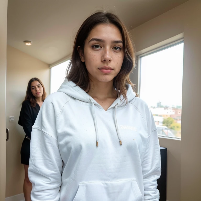 23-year-old hyper-realistic Latin girl with freckles, mood selfie for instagram, Ultra Definition, (photoreallistic: 1.4), 8k, calidad premier, fondos detallados, cara delicada, maquillaje natural, foto raw, iphone, HDR, Coqueteando con el espectador, hoodie