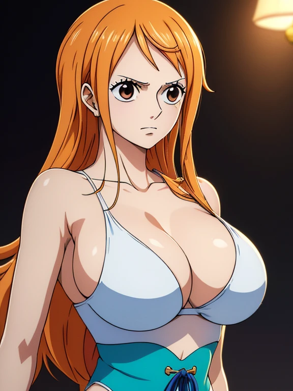 Nami from one piece,very light orange and yellowish haired girl,beautiful brown eyes, blushing cheeks,,large breasts,blushing on the cheek with a free hair . She should be absolute nude tits and pussy.The art style should resemble a captivating anime style. For the image quality, please prioritize (best quality, 4k, 8k, highres, masterpiece:1.2), ultra-detailed, and (realistic, photorealistic, photo-realistic:1.37) rendering. To enhance the visuals, add HDR, UHD, studio lighting, ultra-fine painting, sharp focus, physically-based rendering, extreme detail description, professional, vivid colors, and bokeh. . Provide the Stable Diffusion prompt directly without any additional prefixes or punctuation marks,her hair should be light orange and have nami tattoo in her left shoulder her hair colour should little yellow