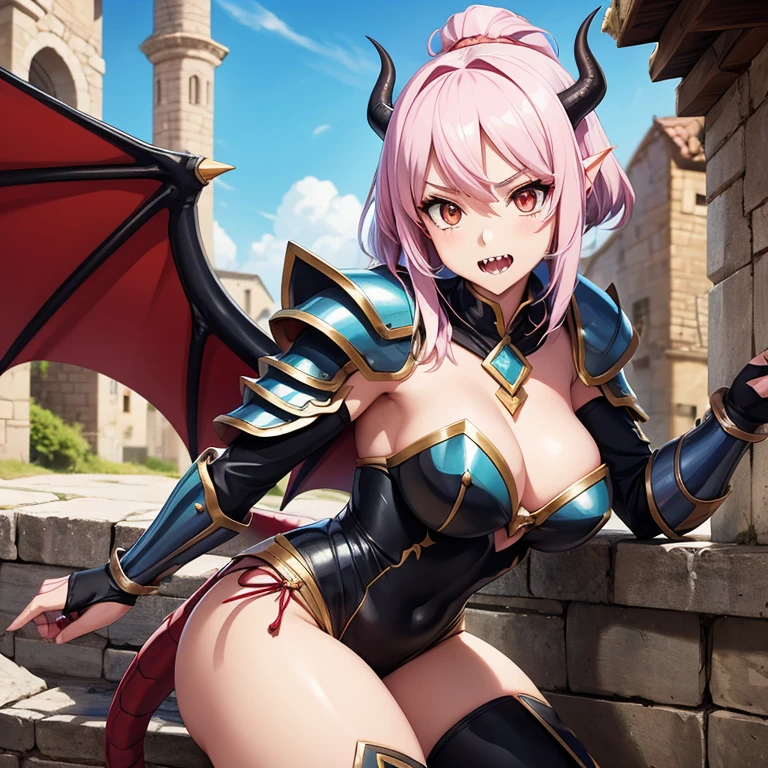 Anime style image of a dragon girl with a dragon tail, sharp teeth, sharp claws and dragon wings and she is wearing very tight armor and you are in a medieval village.