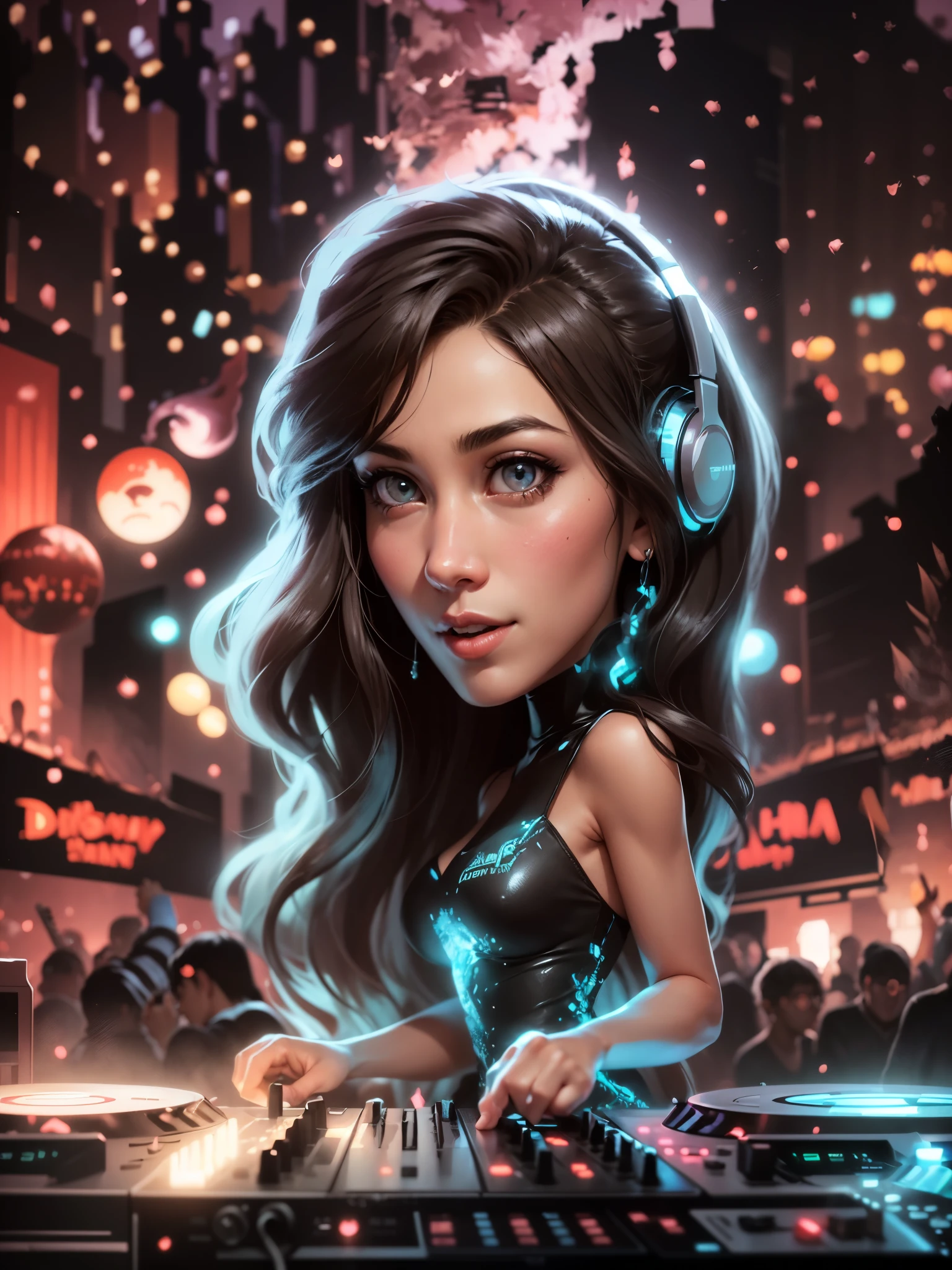 a cartoon girl dj playing music in a nightclub, beautiful black haired woman, background artwork, glowwave girl portrait, cartoon digital painting, fanart, stylized digital illustration, digital cartoon painting art, cartoon artstyle, cartoon digital art, jen bartel, digital art cartoon, alice x. zhang, dj sura, stylized digital art, official artwork, by Eddie Mendoza