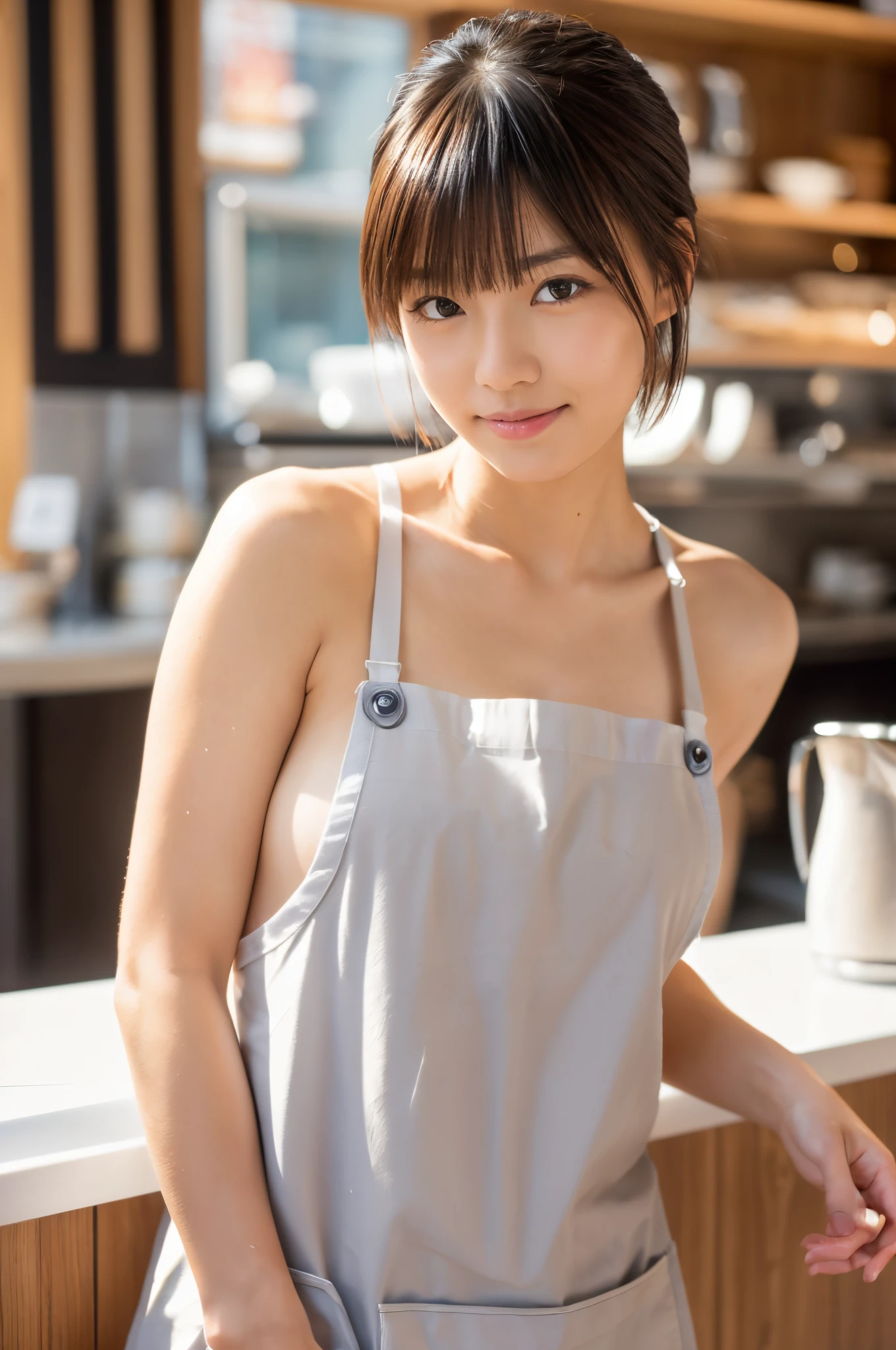 ((top quality, 8k, masterpiece: 1.3)), 1 beautiful Japan girls, beauties with slender abs: 1.3, (medium short hair, big: 1.2), (white naked apron: 1.3), ultra-detailed face, detailed eyes, double eyelids, café background, leaning forward, hands on knees,