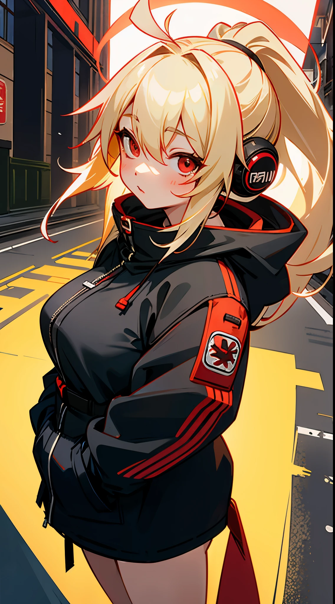 1 woman、独奏、Blonde ponytail、Ahoge、big round red eyes、small tits、parka、headphones、street、plein air、Sateen、neons、