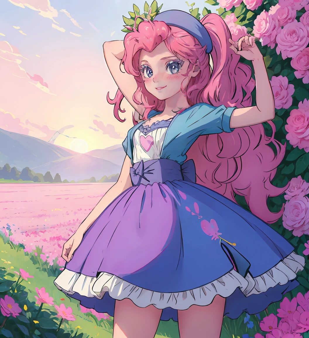 My little pony Pinkie Pie, Pinkie Pie, Pinkie Pie in the form of a girl, Cabello largo de color rosa oscuro, ojos azules, vestido largo elegante sexy , muslo blanco con volantes hasta la altura, small pink heels, cielo azul, nubes rosadas, sentado en un campo de flores rosas y azules, Mirando fijamente a los espectadores, (piel rosada clara 1.5), rubor suave, sonrisa feliz, sonrisa linda , maquillaje , sosteniendo flores, globos volando por todas partes, ((Amanecer 2.0)), Highly detailed lighting, luz amarilla, en un hermoso campo de flores, Flores rosas y azules por todas partes, Sombra de ojos rosa