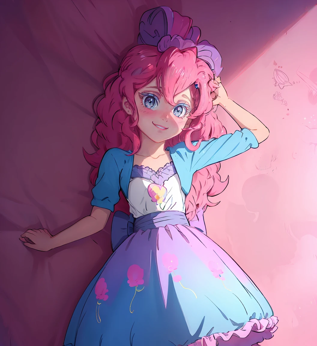 My pony Pinkie Pie, Pinkie Pie, Pinkie Pie in the form of a girl, Cabello largo de color rosa oscuro, ojos azules, vestido largo elegante sexy , muslo blanco con volantes hasta la altura, small pink heels, cielo azul, nubes rosadas, sentado en un campo de flores rosas y azules, Mirando fijamente a los espectadores, (piel rosada clara 1.5), rubor suave, sonrisa feliz, sonrisa linda , maquillaje , sosteniendo flores, globos volando por todas partes, ((Amanecer 2.0)), Highly detailed lighting, luz amarilla, en un hermoso campo de flores, Flores rosas y azules por todas partes, Sombra de ojos rosa