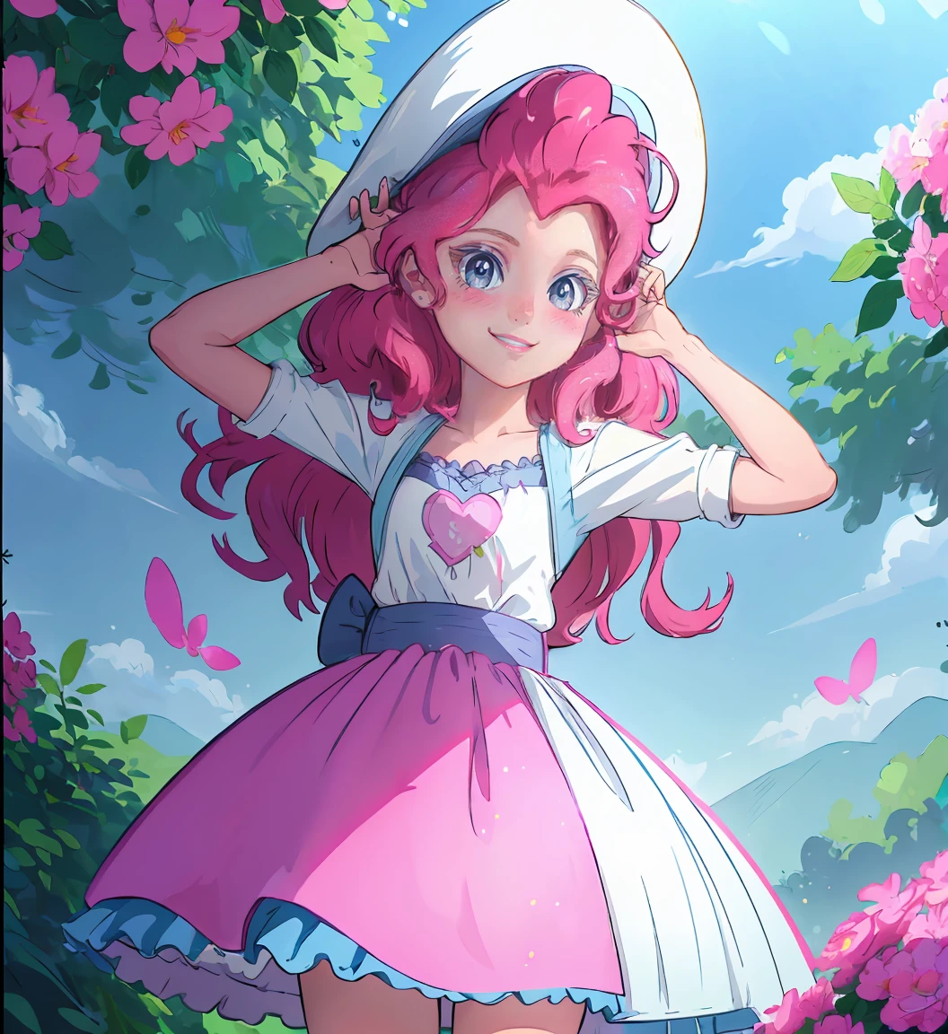 My little pony Pinkie Pie, Pinkie Pie, Pinkie Pie in the form of a girl, Cabello largo de color rosa oscuro, ojos azules, vestido largo elegante sexy , muslo blanco con volantes hasta la altura, small pink heels, cielo azul, nubes rosadas, sentado en un campo de flores rosas y azules, Mirando fijamente a los espectadores, (piel rosada clara 1.5), rubor suave, sonrisa feliz, sonrisa linda , maquillaje , sosteniendo flores, globos volando por todas partes, ((Amanecer 2.0)), Highly detailed lighting, luz amarilla, en un hermoso campo de flores, Flores rosas y azules por todas partes, Sombra de ojos rosa