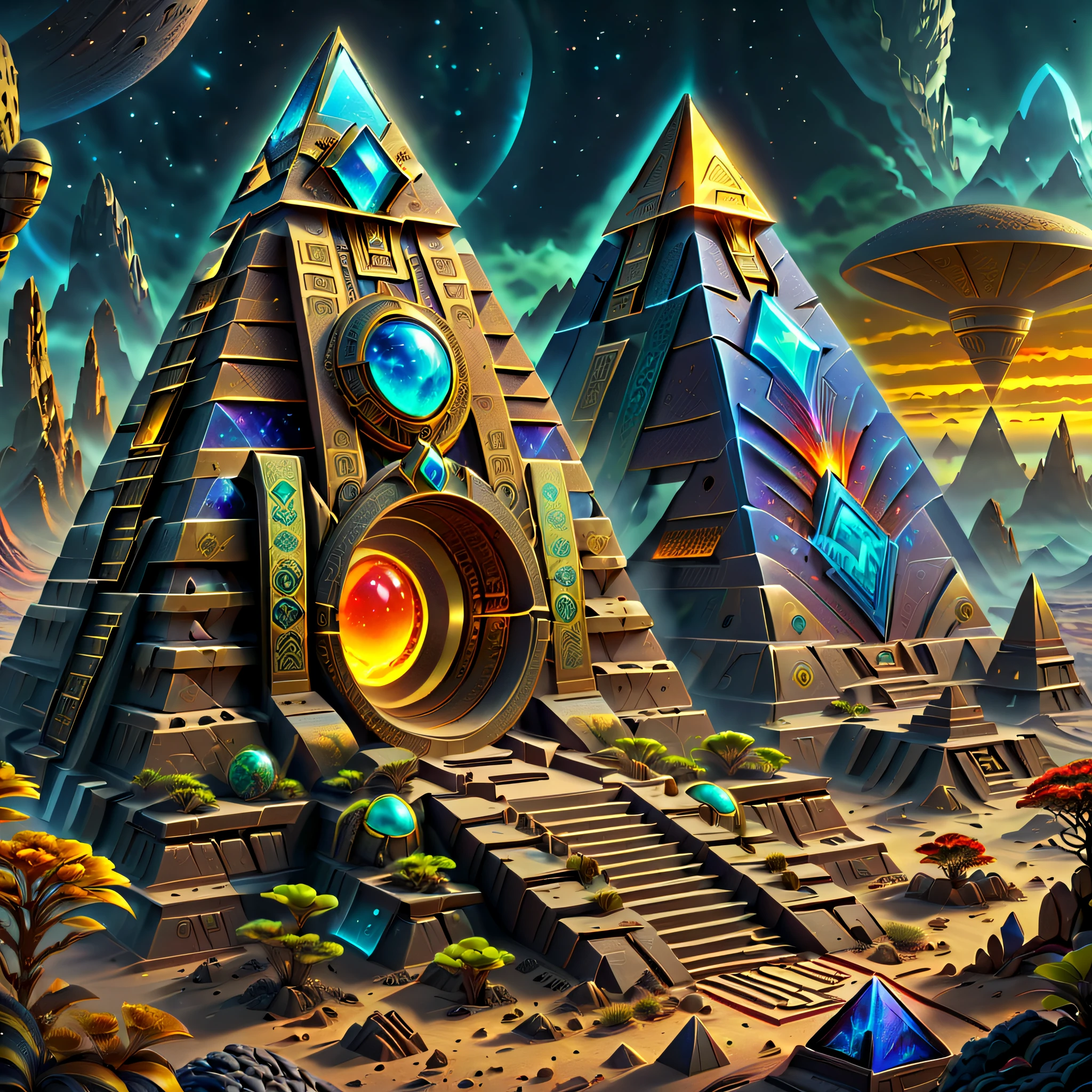 The landscape，Desert Planet，Amazing glowing ancient pyramid ruins right alien vegetation，Madras ruins，The mysterious color of alien ruins，sci-fi ruins，Madalun planet，magical golden light，realistically的，concept-art，hyper HD，art station antasyart，epic look at your scene，Intricate patterns，Complicated details，ancient artifacts，异世界The landscape，Mysterious ancient ruins，mirai，golden hieroglyphs，illuminated runes，magnificent scale，epic scale，magical ambiance，adventuring，stunning  visuals，Cinematic，Amazing scene，Greg Rutkowski (Greg Rutkowsky) and Thomas Kinkade (Thomas Kinkade) of works of art，Alien technology，ancient alien ruins，Discover wonders，in awe，energeticatmosphere，plethora of colors，vibrant with colors，nebula fog，HighDynamicRange，an ultrafine painting，Clear focus，physically-based renderingt，Extremely detailed description，professional，hyper realisitc，beyond human imagination，spectacular lighting，Art station popular，unreal-engine，Global，(Best quality，8K，A high resolution，tmasterpiece，ultra - detailed，realistically，1.4x more realism）