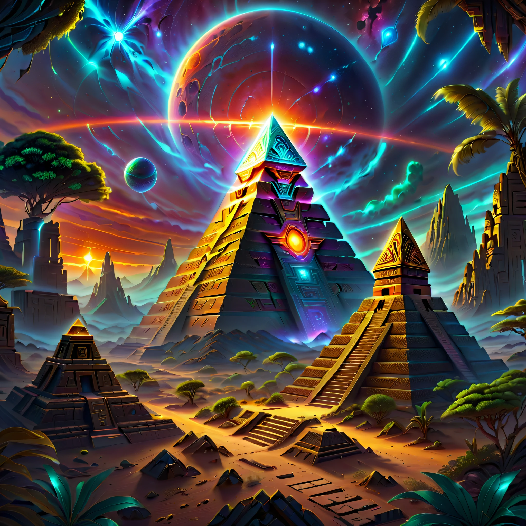 The landscape，Desert Planet，Amazing glowing ruins of ancient Mayan pyramids right alien vegetation，Madras ruins，The mysterious color of alien ruins，sci-fi ruins，Madalun planet，magical golden light，realistically的，concept-art，hyper HD，art station antasyart，epic look at your scene，Intricate patterns，Complicated details，ancient artifacts，异世界The landscape，Mysterious ancient ruins，mirai，golden hieroglyphs，illuminated runes，magnificent scale，epic scale，magical ambiance，adventuring，stunning  visuals，Cinematic，Amazing scene，Greg Rutkowski (Greg Rutkowsky) and Thomas Kinkade (Thomas Kinkade) of works of art，Alien technology，ancient alien ruins，Discover wonders，in awe，energeticatmosphere，plethora of colors，vibrant with colors，nebula fog，HighDynamicRange，an ultrafine painting，Clear focus，physically-based renderingt，Extremely detailed description，professional，hyper realisitc，beyond human imagination，spectacular lighting，Art station popular，unreal-engine，Global，(Best quality，8K，A high resolution，tmasterpiece，ultra - detailed，realistically，1.4x more realism）