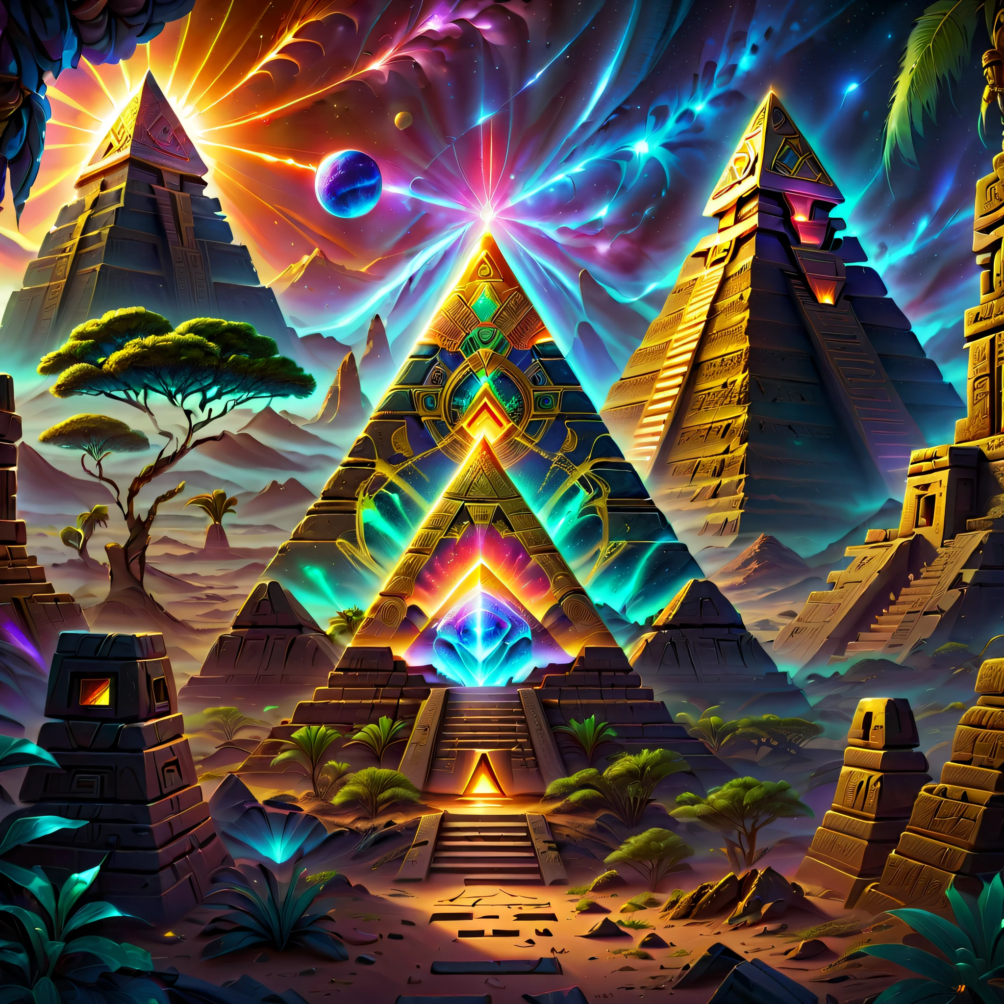 The landscape，Desert Planet，Amazing glowing ruins of ancient Mayan pyramids right alien vegetation，Madras ruins，The mysterious color of alien ruins，sci-fi ruins，Madalun planet，magical golden light，realistically的，concept-art，hyper HD，art station antasyart，epic look at your scene，Intricate patterns，Complicated details，ancient artifacts，异世界The landscape，Mysterious ancient ruins，mirai，golden hieroglyphs，illuminated runes，magnificent scale，epic scale，magical ambiance，adventuring，stunning  visuals，Cinematic，Amazing scene，Greg Rutkowski (Greg Rutkowsky) and Thomas Kinkade (Thomas Kinkade) of works of art，Alien technology，ancient alien ruins，Discover wonders，in awe，energeticatmosphere，plethora of colors，vibrant with colors，nebula fog，HighDynamicRange，an ultrafine painting，Clear focus，physically-based renderingt，Extremely detailed description，professional，hyper realisitc，beyond human imagination，spectacular lighting，Art station popular，unreal-engine，Global，(Best quality，8K，A high resolution，tmasterpiece，ultra - detailed，realistically，1.4x more realism）