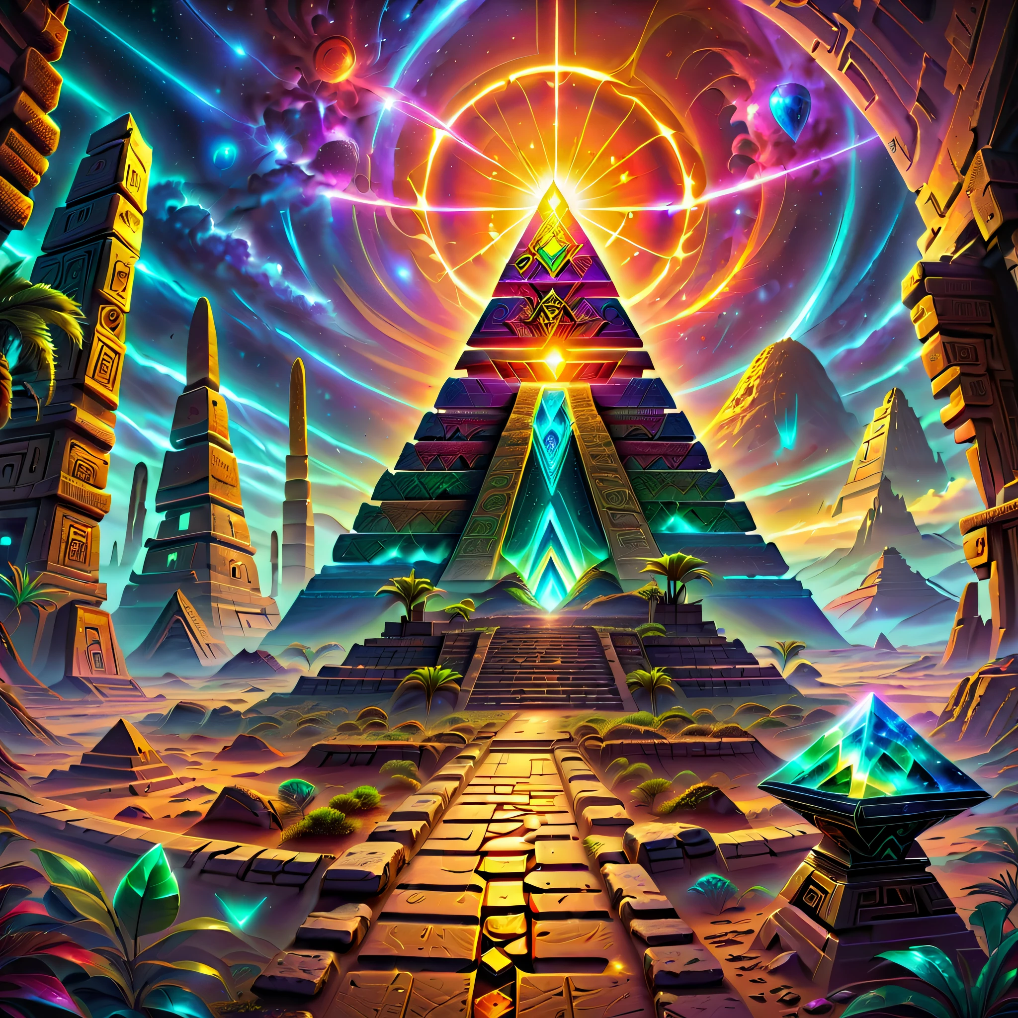 The landscape，Desert Planet，Amazing glowing ruins of ancient Mayan pyramids right alien vegetation，Madras ruins，The mysterious color of alien ruins，sci-fi ruins，Madalun planet，magical golden light，ancient artifacts，异世界The landscape，Mysterious ancient ruins，mirai，golden hieroglyphs，illuminated runes，magnificent scale，epic scale，magical ambiance，adventuring，stunning  visuals，Cinematic，Amazing scene，Greg Rutkowski (Greg Rutkowsky) and Thomas Kinkade (Thomas Kinkade) of works of art，Alien technology，ancient alien ruins，Discover wonders，in awe，energeticatmosphere，plethora of colors，vibrant with colors，nebula fog，(concept-art，hyper HD，art station antasyart，epic look at your scene，Intricate patterns，Complicated details，an ultrafine painting，physically-based renderingt，Extremely detailed description，professional，hyper realisitc，beyond human imagination，spectacular lighting，Art station popular，unreal-engine，Global，Best quality，8K，A high resolution，tmasterpiece，ultra - detailed，realistically，1.4x more realism），Tang MF43Dr4g0n