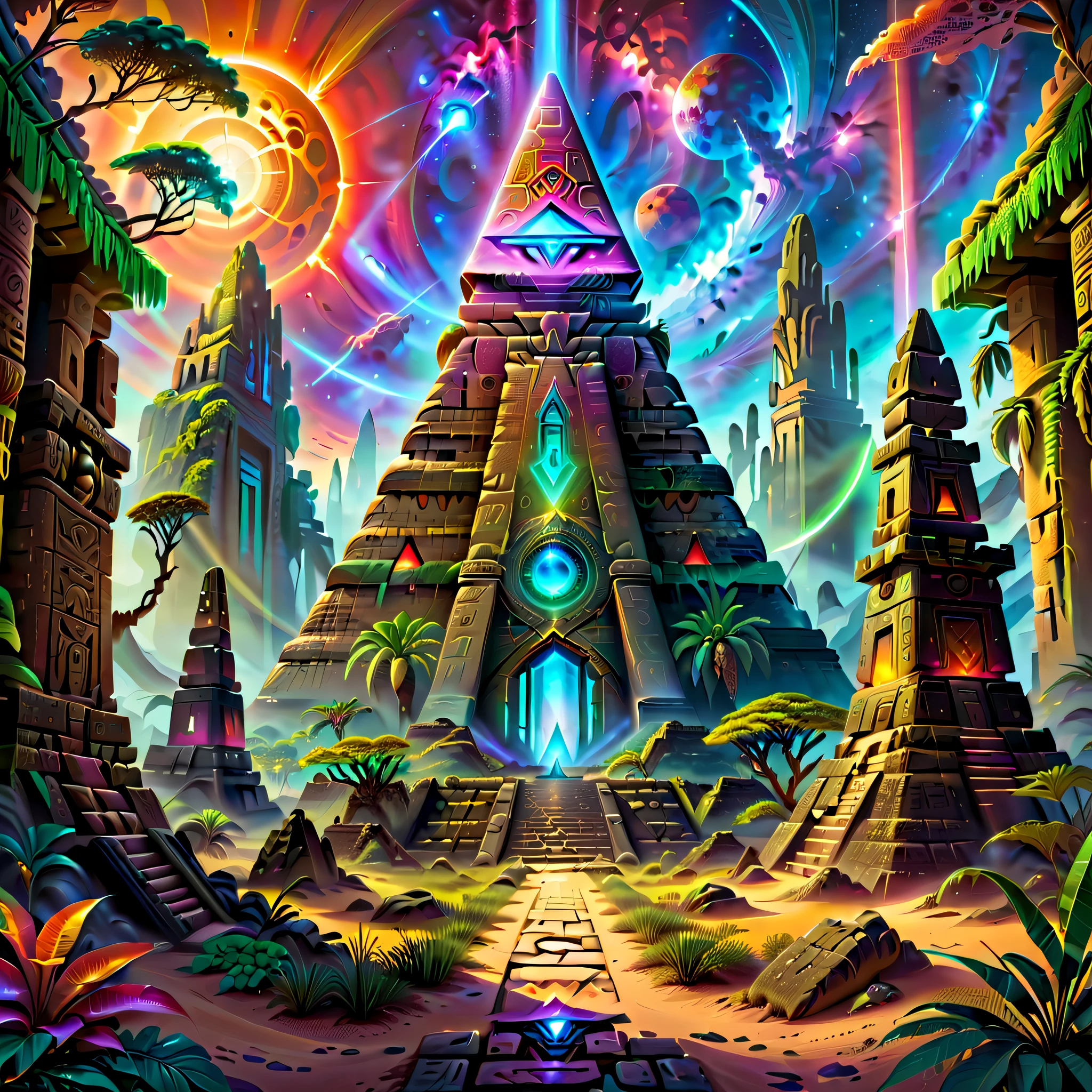 The landscape，Desert Planet，Amazing glowing ruins of ancient Mayan pyramids right alien vegetation，Madras ruins，The mysterious color of alien ruins，sci-fi ruins，Madalun planet，magical golden light，ancient artifacts，异世界The landscape，Mysterious ancient ruins，mirai，golden hieroglyphs，illuminated runes，magnificent scale，epic scale，magical ambiance，adventuring，stunning  visuals，Cinematic，Amazing scene，Greg Rutkowski (Greg Rutkowsky) and Thomas Kinkade (Thomas Kinkade) of works of art，Alien technology，ancient alien ruins，Discover wonders，in awe，energeticatmosphere，plethora of colors，vibrant with colors，nebula fog，(concept-art，hyper HD，art station antasyart，epic look at your scene，Intricate patterns，Complicated details，an ultrafine painting，physically-based renderingt，Extremely detailed description，professional，hyper realisitc，beyond human imagination，spectacular lighting，Art station popular，unreal-engine，Global，Best quality，8K，A high resolution，tmasterpiece，ultra - detailed，realistically，1.4x more realism），Tang MF43Dr4g0n