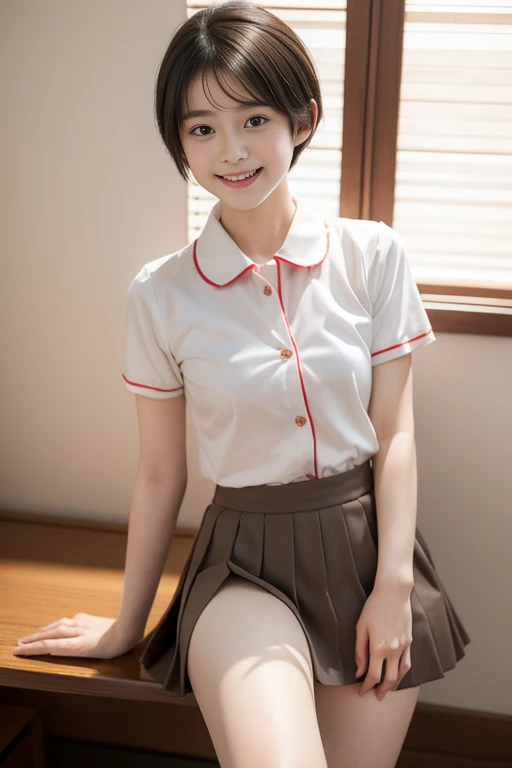(((masterpiece))), (One beautiful Japan girl, Pure and innocent,kawaii) ,超A high resolution, Realistic, ultra-detailliert, 8K,top-quality, Extremely detailed, A slender,very beautiful japanese girl, Detailed face:1.3), (Boyish short-haired,A dark-haired :1.4), (a ,kawaii系,adorable 14 year o(Perfect body:1.1), (short-sleeved shirt with white collar, Brown pleated mini skirt),Show your beautiful teeth,Bursting smile, Super Detailed Face、Detailed lips、A detailed eye、small gravure idol,Transparent skin,Lori,Japanese high school uniform with red school emblem on the chest