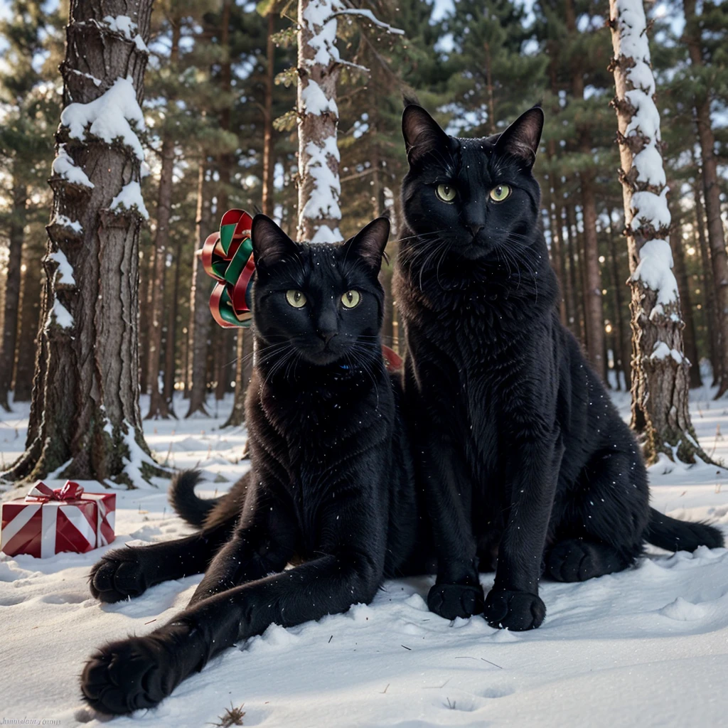 A huge, decorated Christmas tree in a snowy forest at night. Presents beneath. A shaggy black supernatural cat with glowing blue eyes.