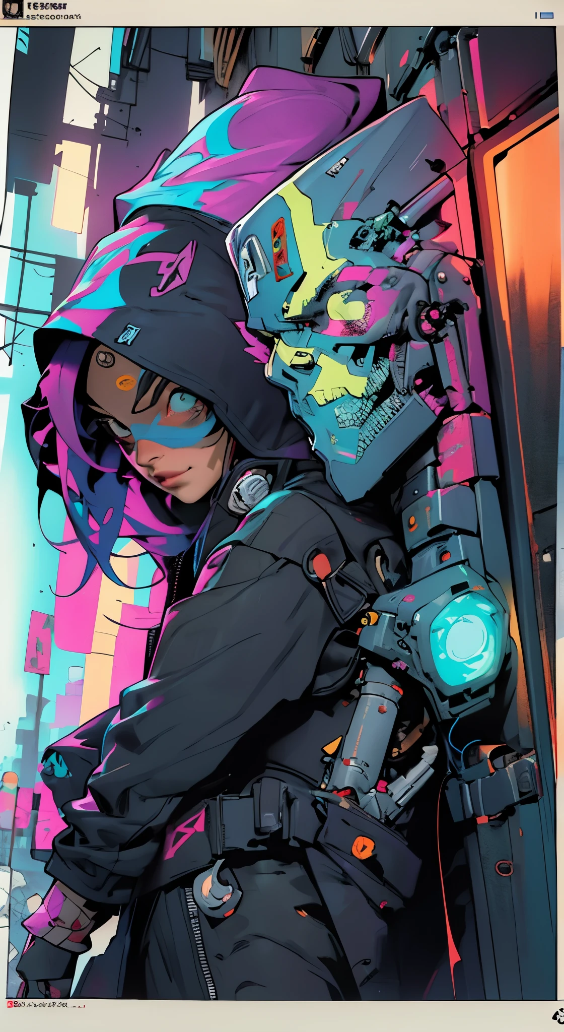 1_Color Portrait of a young man, Modern style, comic book, cyberpunk, future, colored fill, rich colors. Face tattoos, fashionable clothes, body devices.
2_The background depicts a majestic city of the future, an evening city, lights, illuminations, robots.
3_High image quality, 4K | Ultra HD | Full HD, cinematic comic book, 3D visualization _ in comic book style - linear stroke, color fill, high-quality stroke - a masterpiece, TOP computer graphics ART. 8K, , dark lighting, heavy shading. (vivid, anime, comic, creative, sharp focus, 8K). High detail of the drawing, lines, high quality background (cold tone shades, red, warm highlights, side lighting), Architecture, cyberpunk, futurism. Film grain, dust and airborne particles.