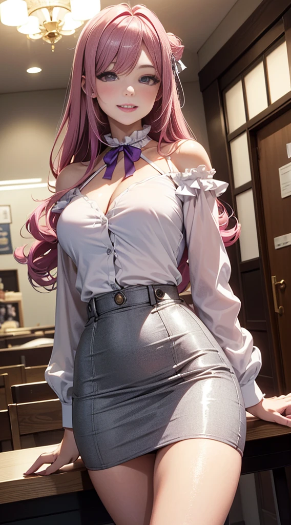 (masterpiece、highest quality、Super detailed)、((1 girl))、((pink hair))、((twin tails))、((light blue eyes))、evil smile、((grin))、steam、earrings、((very big breasts))、((open clothes white shirt))、((black lace bra))、((black pleated skirt))、black socks、((1boy))、((penis:1.2))、((Standing Footjob POV)) 、bedroom background、((nsfw))