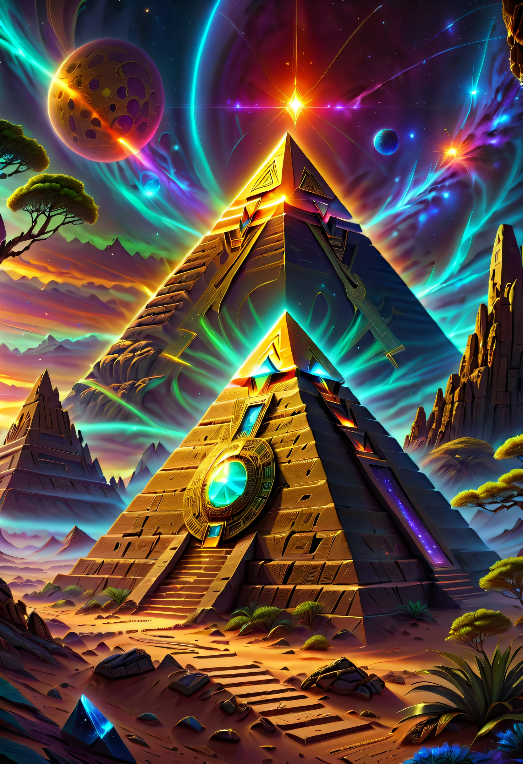 The landscape，Desert Planet，Amazing glowing ancient pyramid ruins right alien vegetation，Madras ruins，The mysterious color of alien ruins，sci-fi ruins，Madalun planet，magical golden light，realistically的，concept-art，hyper HD，art station antasyart，epic look at your scene，Intricate patterns，Complicated details，ancient artifacts，异世界The landscape，Mysterious ancient ruins，mirai，golden hieroglyphs，illuminated runes，magnificent scale，epic scale，magical ambiance，adventuring，stunning  visuals，Cinematic，Amazing scene，Greg Rutkowski (Greg Rutkowsky) and Thomas Kinkade (Thomas Kinkade) of works of art，Alien technology，ancient alien ruins，Discover wonders，in awe，energeticatmosphere，plethora of colors，vibrant with colors，nebula fog，HighDynamicRange，an ultrafine painting，Clear focus，physically-based renderingt，Extremely detailed description，professional，hyper realisitc，beyond human imagination，spectacular lighting，Art station popular，unreal-engine，Global，(Best quality，8K，A high resolution，tmasterpiece，ultra - detailed，realistically，1.4x more realism）