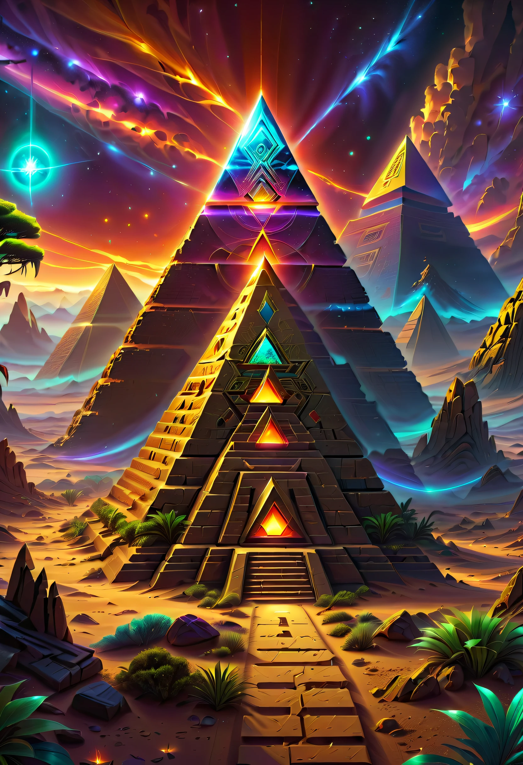 The landscape，Desert Planet，Amazing glowing ancient pyramid ruins right alien vegetation，Madras ruins，The mysterious color of alien ruins，sci-fi ruins，Madalun planet，magical golden light，realistically的，concept-art，hyper HD，art station antasyart，epic look at your scene，Intricate patterns，Complicated details，ancient artifacts，异世界The landscape，Mysterious ancient ruins，mirai，golden hieroglyphs，illuminated runes，magnificent scale，epic scale，magical ambiance，adventuring，stunning  visuals，Cinematic，Amazing scene，Greg Rutkowski (Greg Rutkowsky) and Thomas Kinkade (Thomas Kinkade) of works of art，Alien technology，ancient alien ruins，Discover wonders，in awe，energeticatmosphere，plethora of colors，vibrant with colors，nebula fog，HighDynamicRange，an ultrafine painting，Clear focus，physically-based renderingt，Extremely detailed description，professional，hyper realisitc，beyond human imagination，spectacular lighting，Art station popular，unreal-engine，Global，(Best quality，8K，A high resolution，tmasterpiece，ultra - detailed，realistically，1.4x more realism）